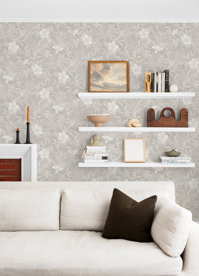 Malecon Grey Floral Wallpaper with Vintage Botanical Flower Pattern - Brewster 4044-38028-4
