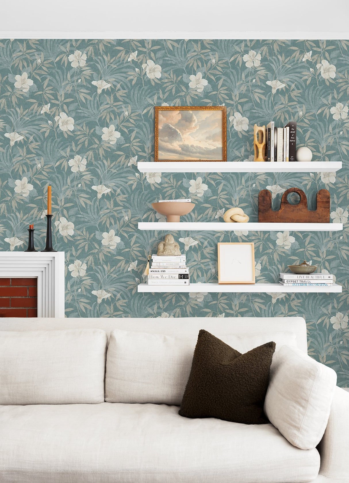 Malecon Aqua Floral Wallpaper with Vintage Botanical Flower Pattern, Unpasted Vinyl on Non Woven - Advantage 4044-38028-5