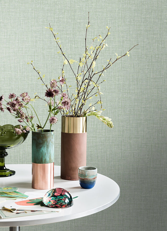 Lanister Green Texture Wallpaper with Raised Ink Fabric & Woven Texture - Brewster 4046-26235