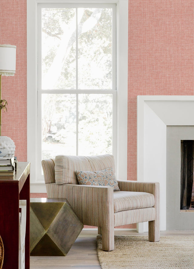 Emerson Coral Linen Wallpaper with Faux Woven Texture - Brewster 4046-26355