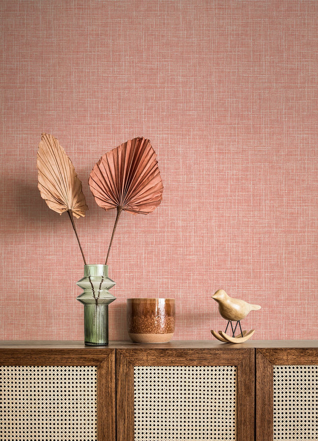 Emerson Coral Linen Wallpaper with Faux Woven Texture - Brewster 4046-26355