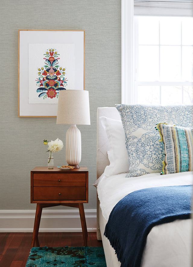 Exhale Seafoam Texture Wallpaper with Faux Grasscloth Graphics Motif - Brewster 4046-26461