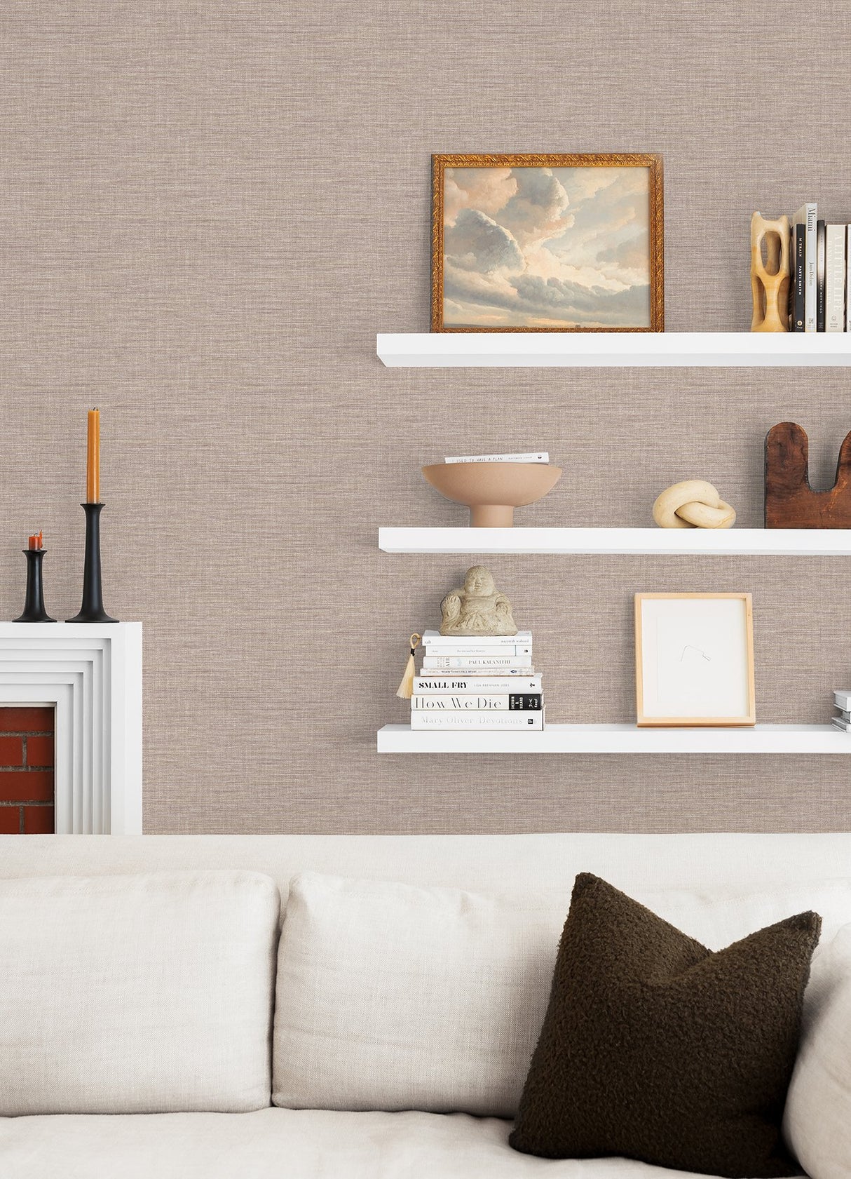 Exhale Blush Faux Grasscloth Textured Wallpaper with Raised Ink - Brewster 4046-26464