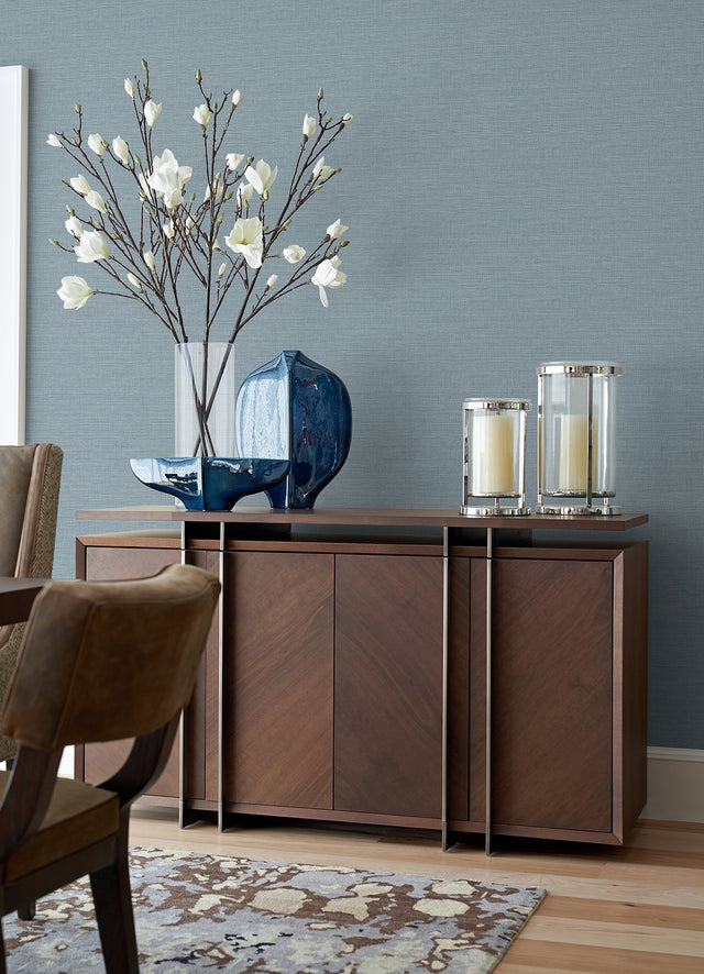 Agave Slate Faux Grasscloth Blue Wallpaper with Raised Ink Texture - Brewster 4046-26497