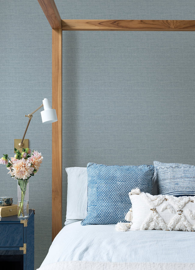Agave Slate Faux Grasscloth Blue Wallpaper with Raised Ink Texture - Brewster 4046-26497