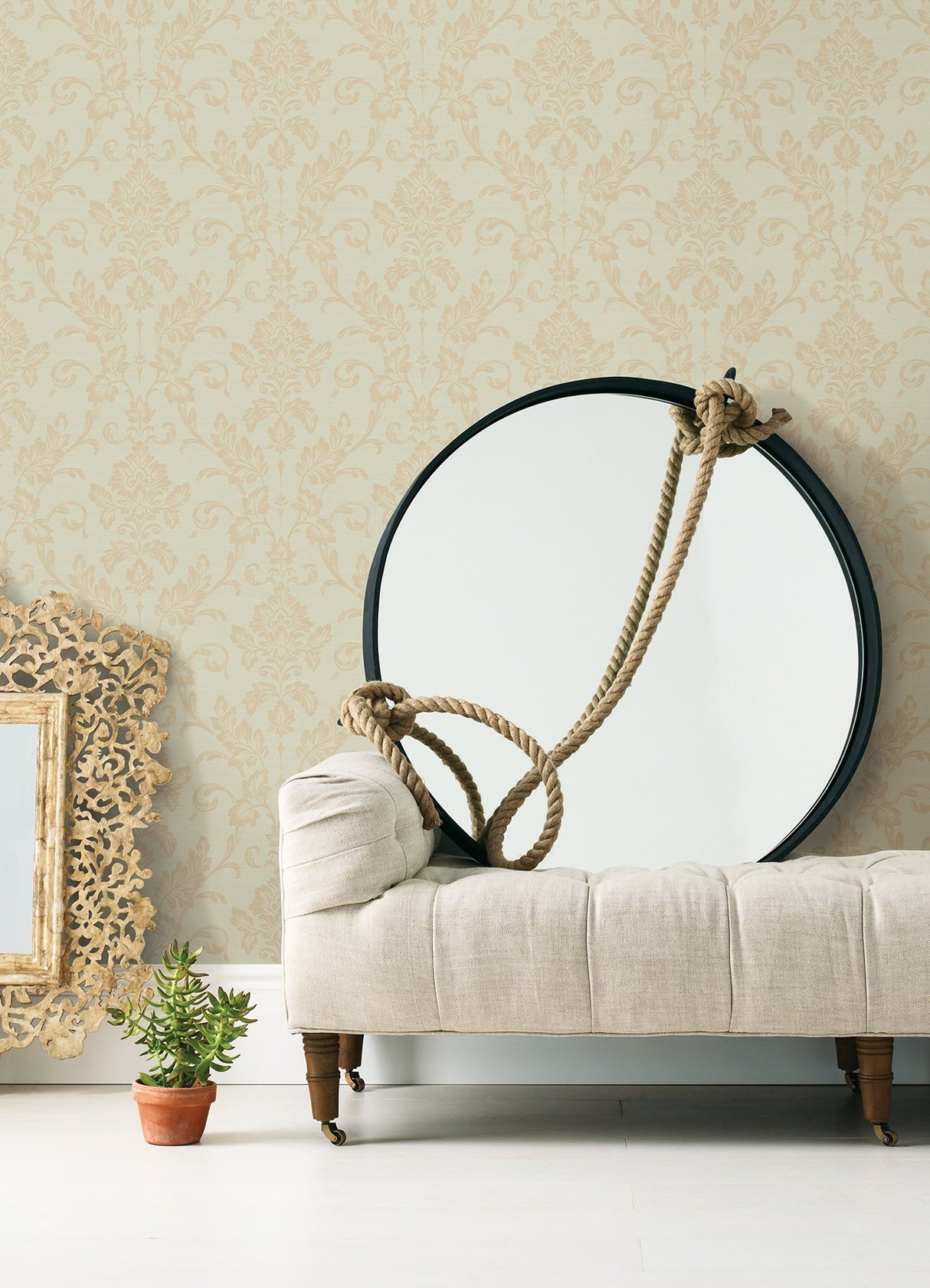 Antonella Gold Scroll Damask Wallpaper with Metallic Raised Ink - Sirpi 4058-21788