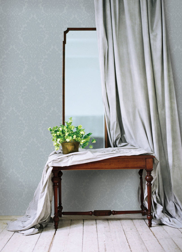 Betina Light Blue Damask Wallpaper with Metallic Textured Damask - Sirpi 4058-24806