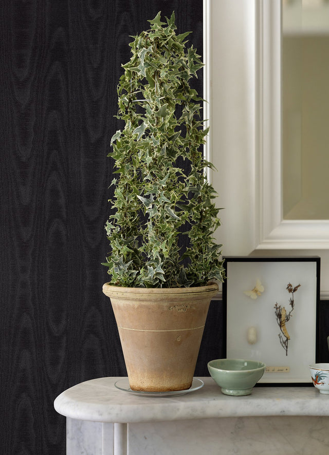 Angelina Black Moire Wallpaper with Glam Metallic Woodgrain Pattern - Sirpi 4058-24819