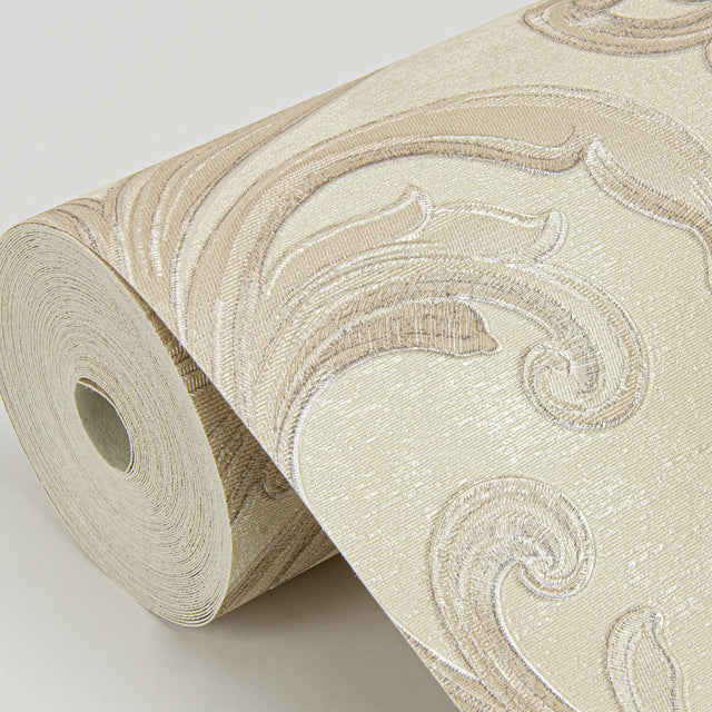 Noemi Taupe Acanthus Wallpaper with Metallic Raised Ink Scrolls - Sirpi 4058-24831