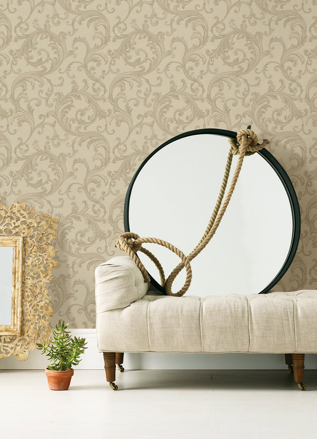 Noemi Taupe Acanthus Wallpaper with Metallic Raised Ink Scrolls - Sirpi 4058-24831
