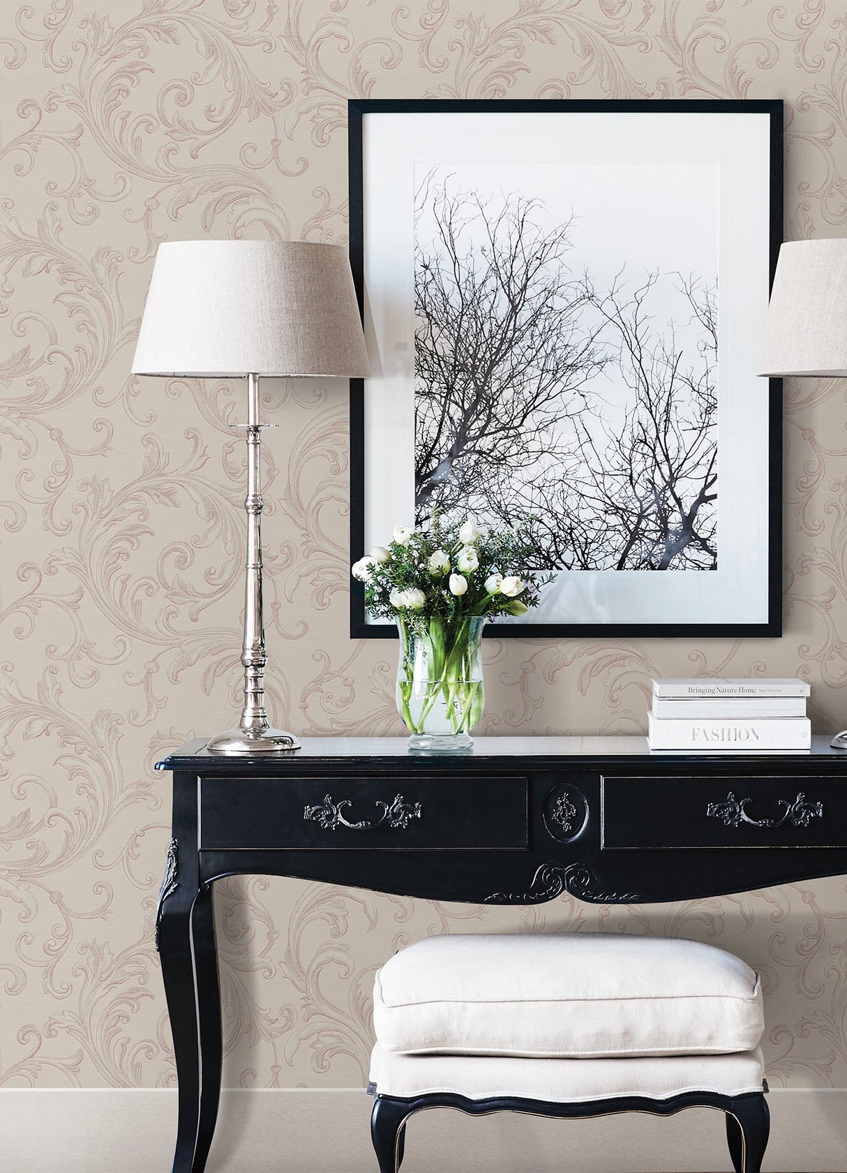 Noemi Rose Acanthus Wallpaper with Metallic Raised Ink Scrolls - Sirpi 4058-24835