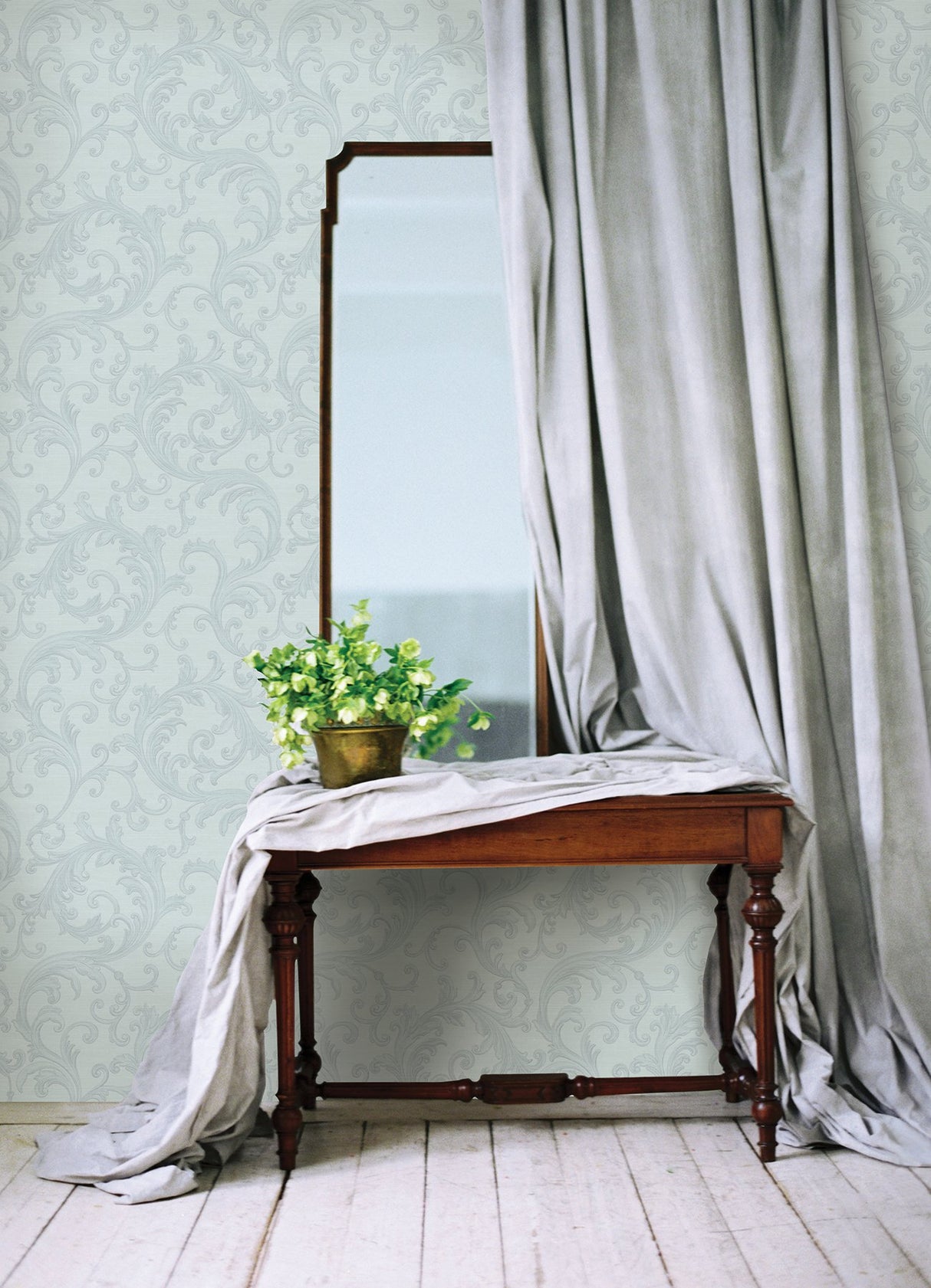 Noemi Light Blue Acanthus Wallpaper with Metallic Raised Ink Scrolls - Sirpi 4058-24836
