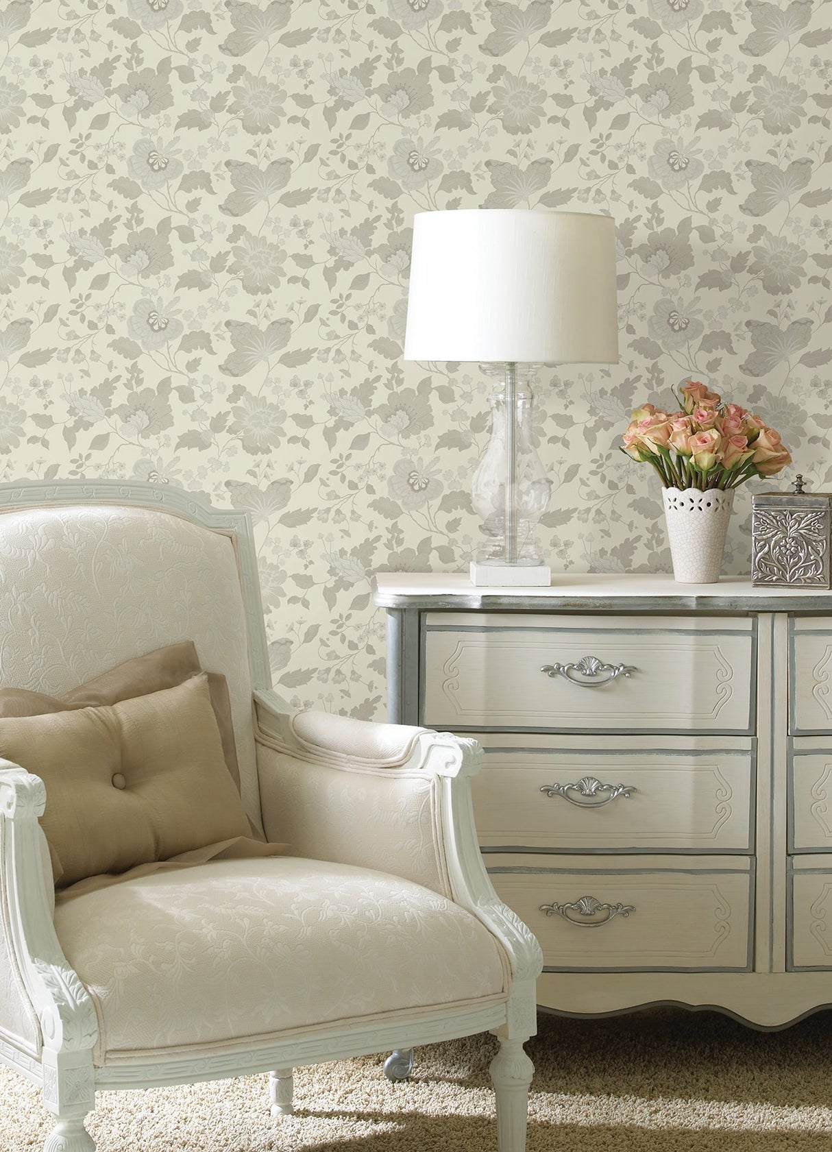 Vittoria White Floral Wallpaper with Raised Ink Botanical Pattern - Sirpi 4058-24844