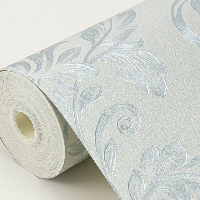 Antonella Light Blue Damask Scroll Wallpaper with Metallic Raised Ink - Sirpi 4058-24880