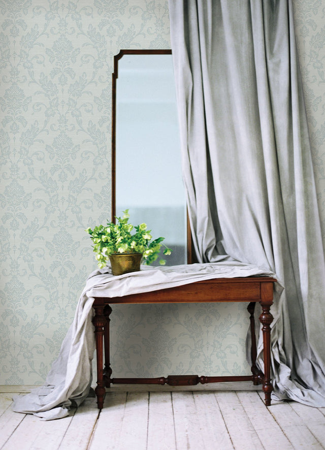 Antonella Light Blue Damask Scroll Wallpaper with Metallic Raised Ink - Sirpi 4058-24880