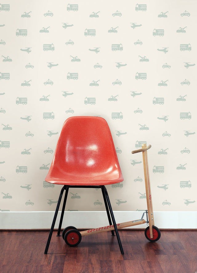 Briony Sage Vehicles Wallpaper with Kids Transportation Motif - Chesapeake 4060-128856