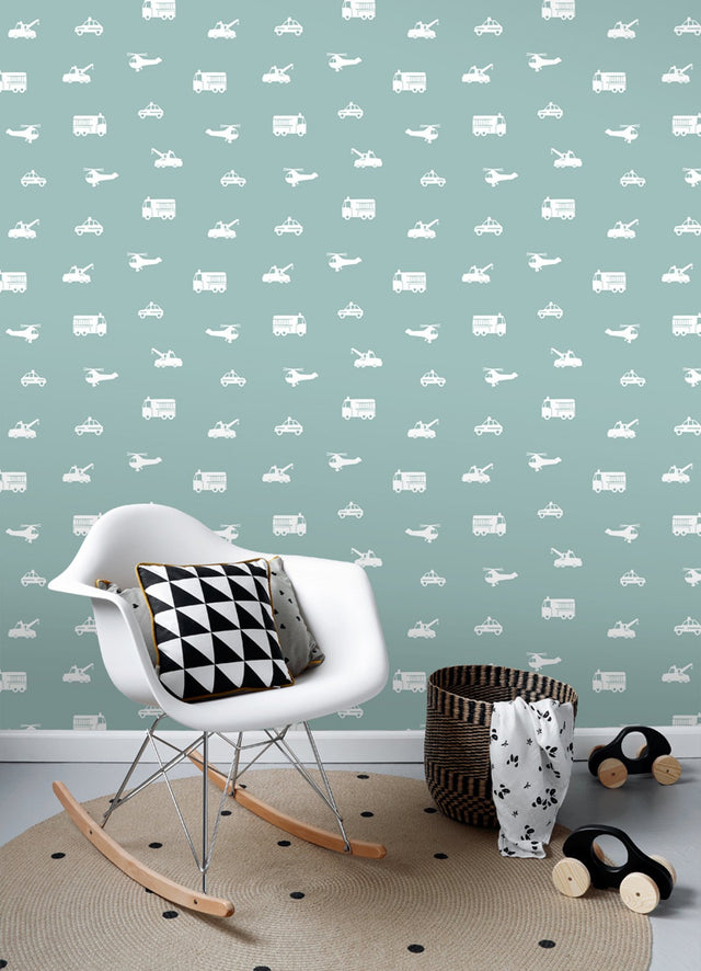 Briony Blue Vehicles Wallpaper with Kids Transportation Motif - Chesapeake 4060-128864