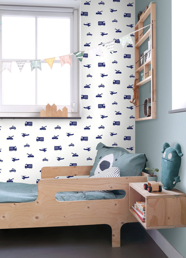 Briony Navy Vehicles Wallpaper with Kids Transportation Motif - Chesapeake 4060-137321