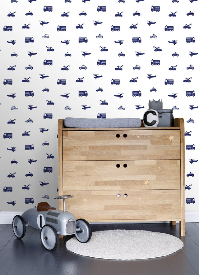 Briony Navy Vehicles Wallpaper with Kids Transportation Motif - Chesapeake 4060-137321