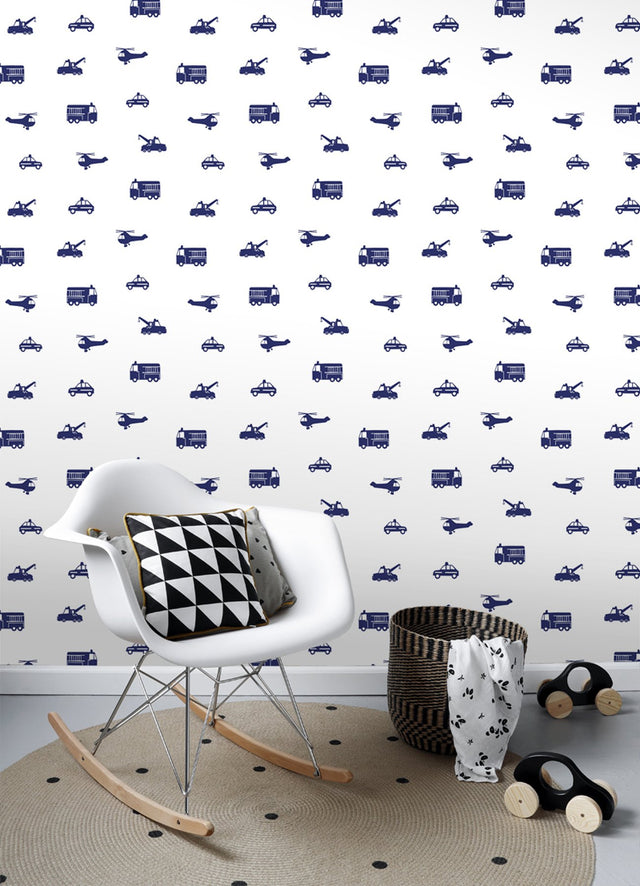 Briony Navy Vehicles Wallpaper with Kids Transportation Motif - Chesapeake 4060-137321