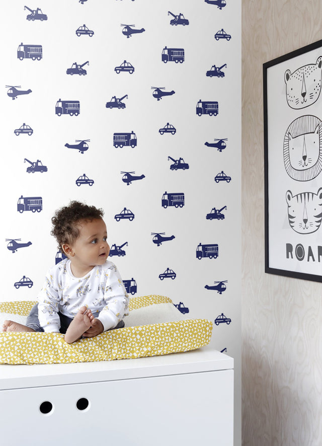 Briony Navy Vehicles Wallpaper with Kids Transportation Motif - Chesapeake 4060-137321