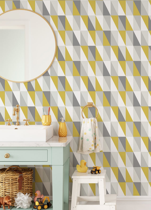 Inez Mustard Geometric Wallpaper with Kids Graphic Triangle Motif - Chesapeake 4060-138921