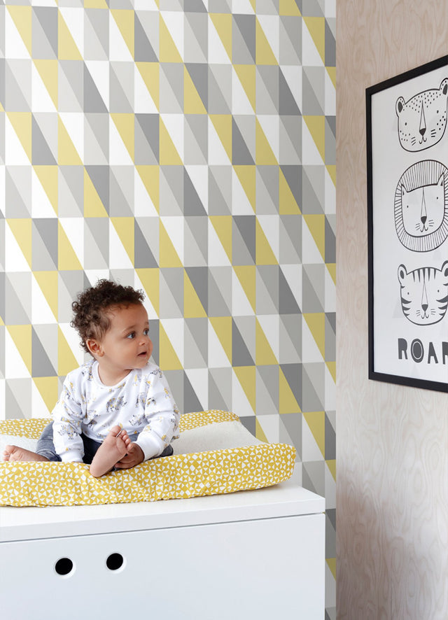 Inez Mustard Geometric Wallpaper with Kids Graphic Triangle Motif - Chesapeake 4060-138921