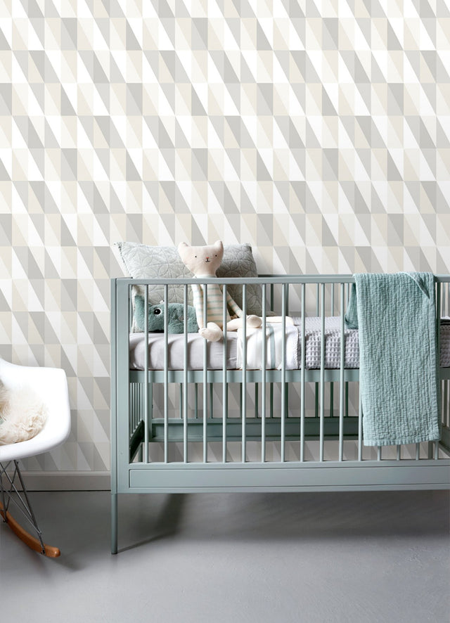 Inez Neutral Geometric Wallpaper with Metallic Silver Triangle Pattern - Chesapeake 4060-138922