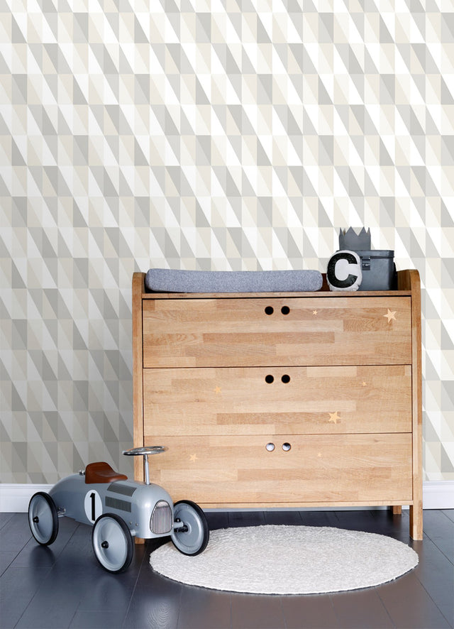 Inez Neutral Geometric Wallpaper with Metallic Silver Triangle Pattern - Chesapeake 4060-138922