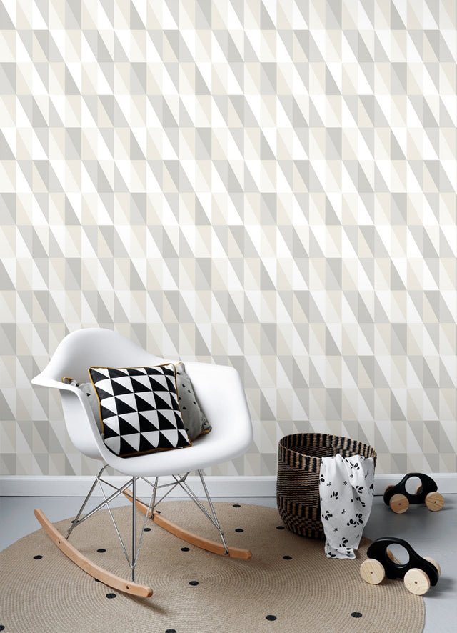 Inez Neutral Geometric Wallpaper with Metallic Silver Triangle Pattern - Chesapeake 4060-138922