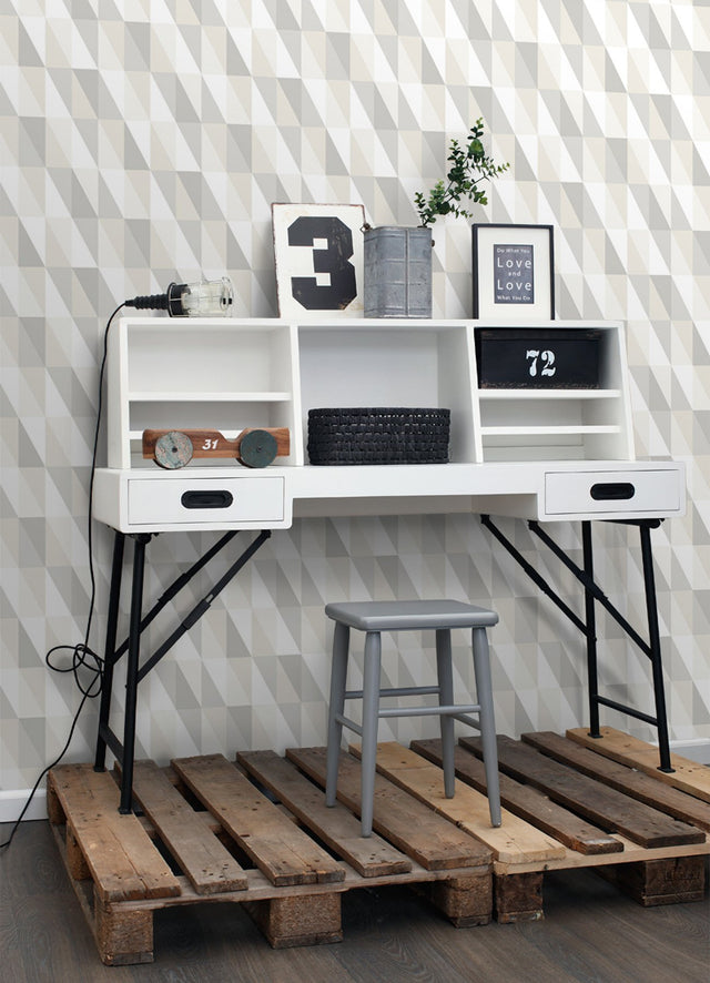 Inez Neutral Geometric Wallpaper with Metallic Silver Triangle Pattern - Chesapeake 4060-138922