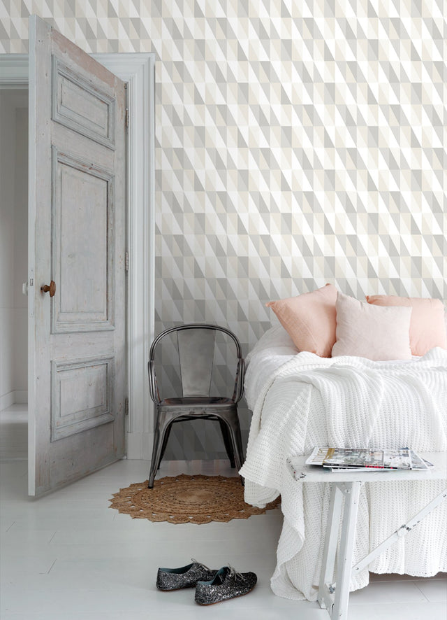 Inez Neutral Geometric Wallpaper with Metallic Silver Triangle Pattern - Chesapeake 4060-138922