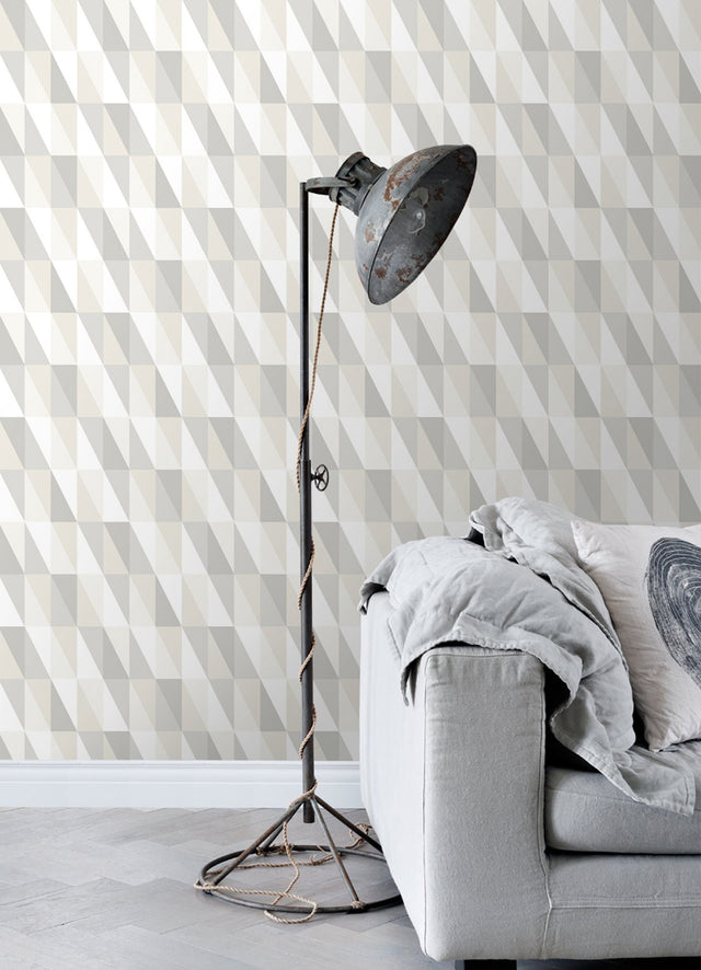 Inez Neutral Geometric Wallpaper with Metallic Silver Triangle Pattern - Chesapeake 4060-138922