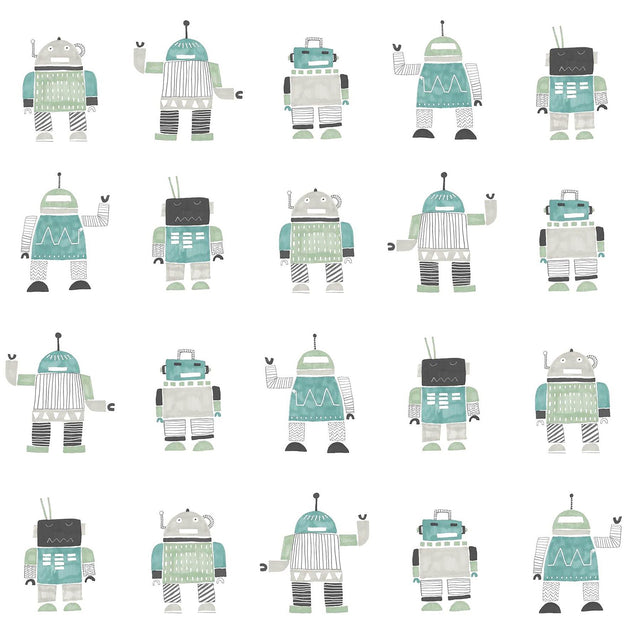 Callum Teal Robots Wallpaper with Kids Novelty Graphic Pattern - Chesapeake 4060-138938