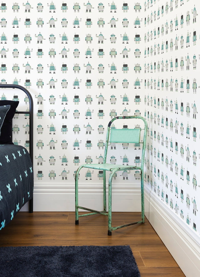 Callum Teal Robots Wallpaper with Kids Novelty Graphic Pattern - Chesapeake 4060-138938
