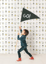 Callum Gold Robots Wallpaper with Graphic Novelty Kids Motif - Chesapeake 4060-138940