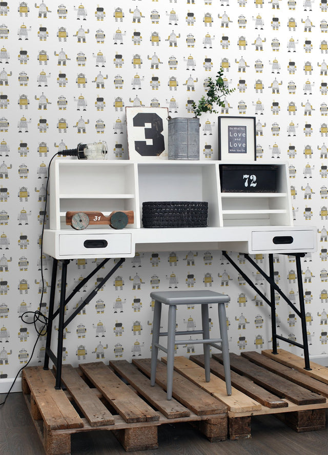 Callum Gold Robots Wallpaper with Graphic Novelty Kids Motif - Chesapeake 4060-138940