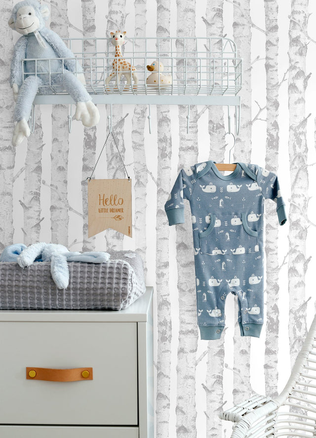 Birdie Grey Birch Wallpaper with Trees Kids Non Woven Unpasted - Chesapeake 4060-138944
