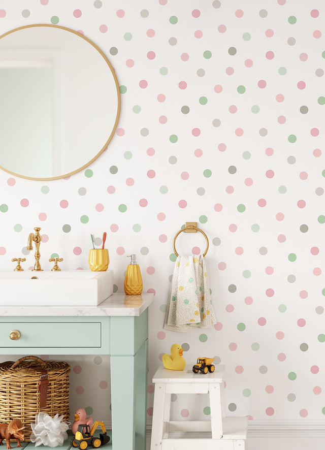 Jubilee Pink Polka Dots Wallpaper with Kids Graphic Pattern - Chesapeake 4060-139040