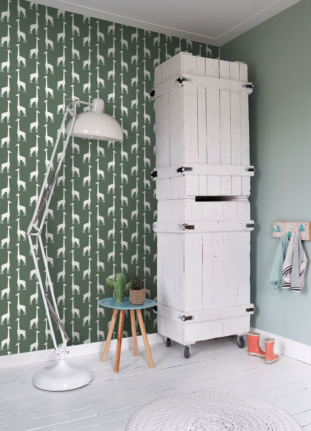 Vivi Green Giraffe Wallpaper with Cream Animal Silhouette Pattern - Chesapeake 4060-139060