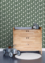 Vivi Green Giraffe Wallpaper with Cream Animal Silhouette Pattern - Chesapeake 4060-139060