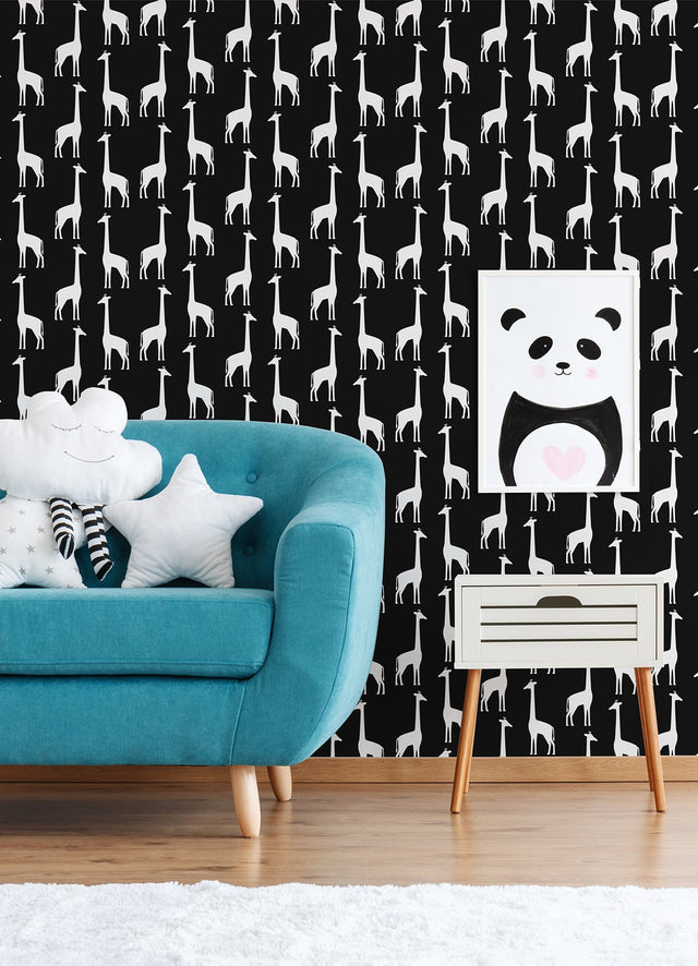 Vivi Black Giraffe Wallpaper with Kids Safari Motif - Chesapeake 4060-139062
