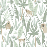 Kiki Light Green Monkeys Wallpaper with Jungle Botanical Pattern - Chesapeake 4060-139071