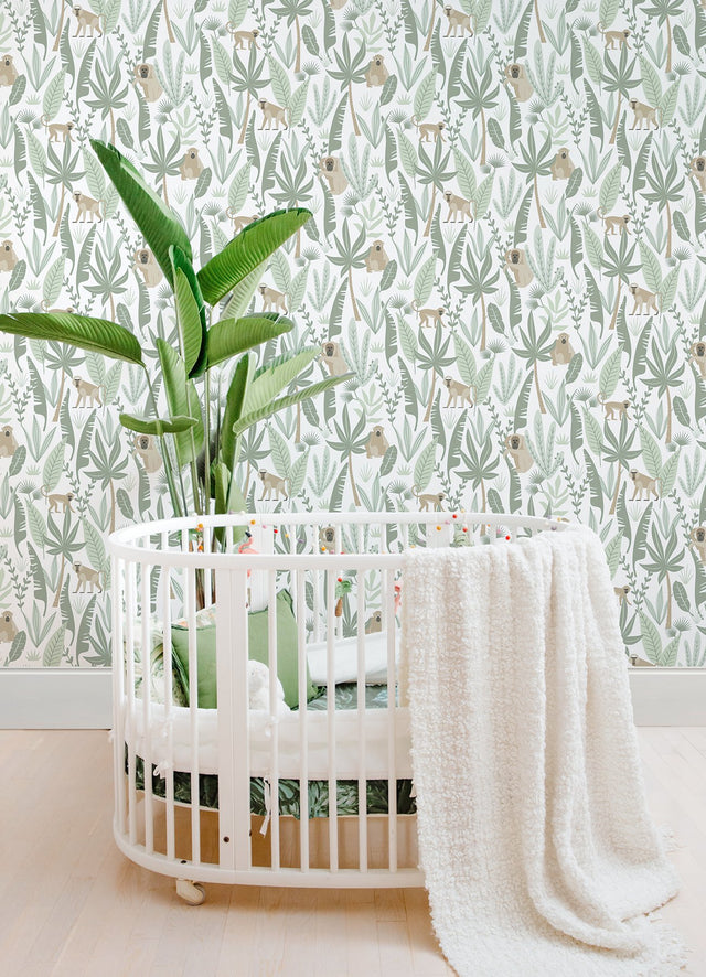 Kiki Light Green Monkeys Wallpaper with Jungle Botanical Pattern - Chesapeake 4060-139071