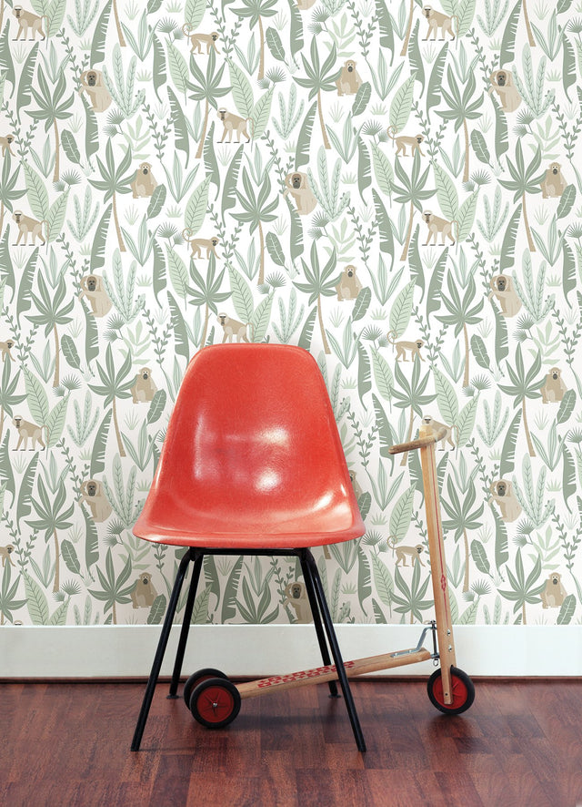 Kiki Light Green Monkeys Wallpaper with Jungle Botanical Pattern - Chesapeake 4060-139071