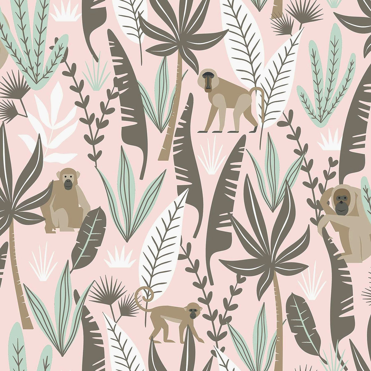 Kiki Pink Monkeys Wallpaper with Jungle Botanical Pattern - Chesapeake 4060-139072