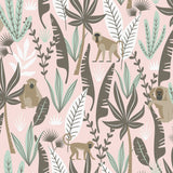 Kiki Pink Monkeys Wallpaper with Jungle Botanical Pattern - Chesapeake 4060-139072