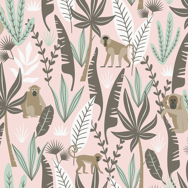 Kiki Pink Monkeys Wallpaper with Jungle Botanical Pattern - Chesapeake 4060-139072
