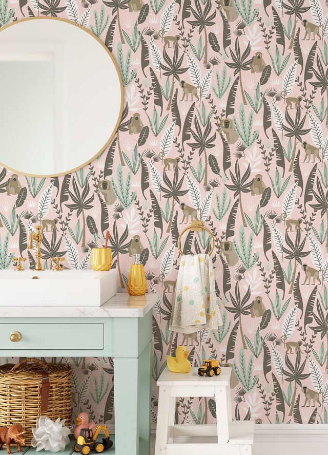 Kiki Pink Monkeys Wallpaper with Jungle Botanical Pattern - Chesapeake 4060-139072