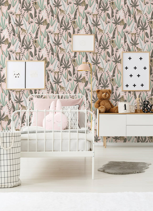 Kiki Pink Monkeys Wallpaper with Jungle Botanical Pattern - Chesapeake 4060-139072